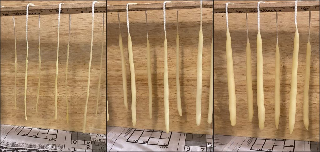 The levels of beeswax-dipped birthday candles: one dip, two dips and three.